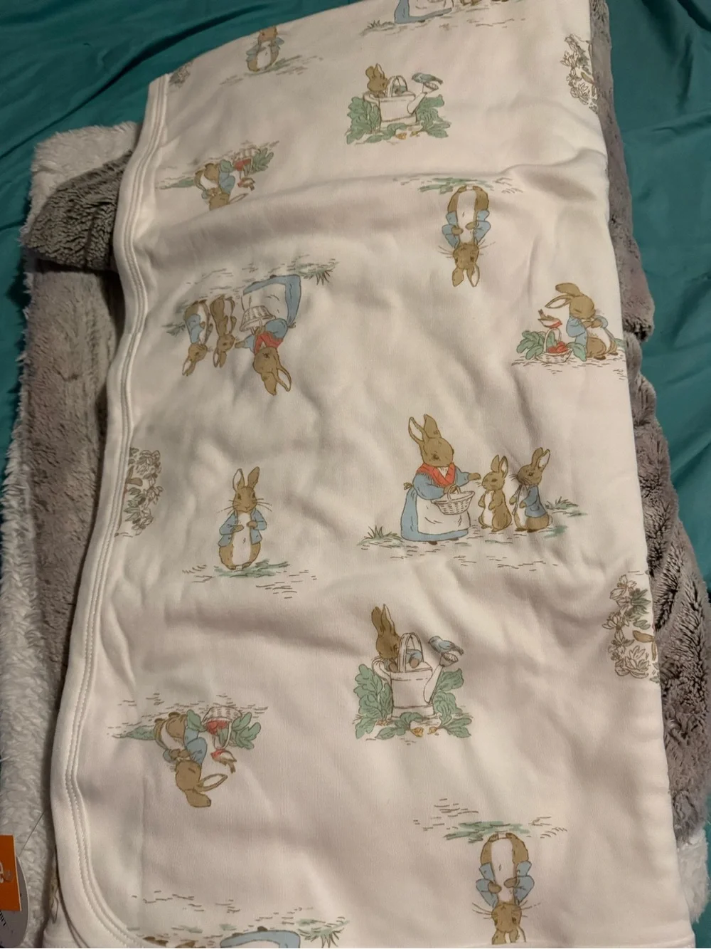 Gymboree White Baby Blanket with Brown & Blue Bunny Print